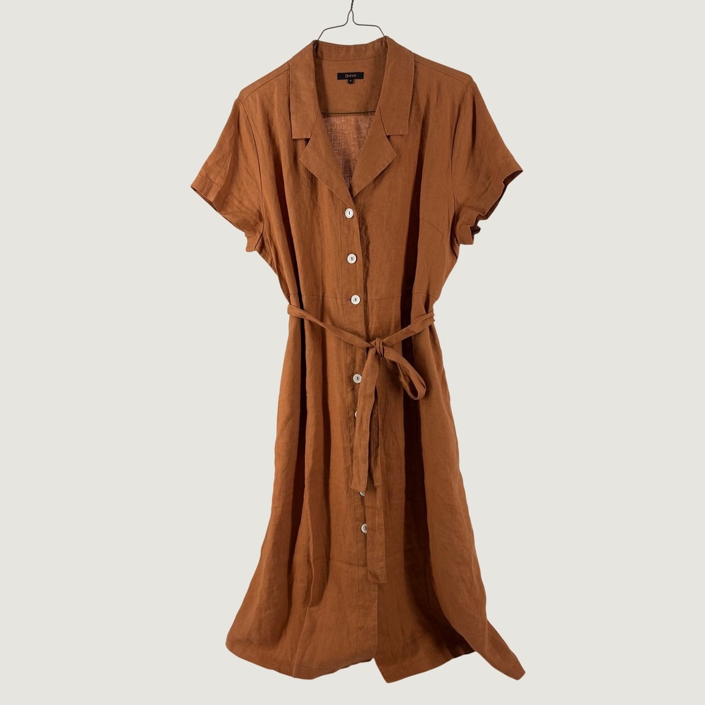 Quince Linen Shirt Dress Womens XL Brown Short Sleeve Button Front Midi Belted